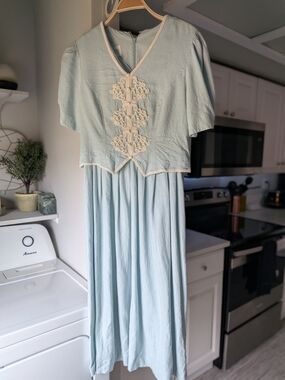 Light Blue Embroidered Vintage Midi Dress